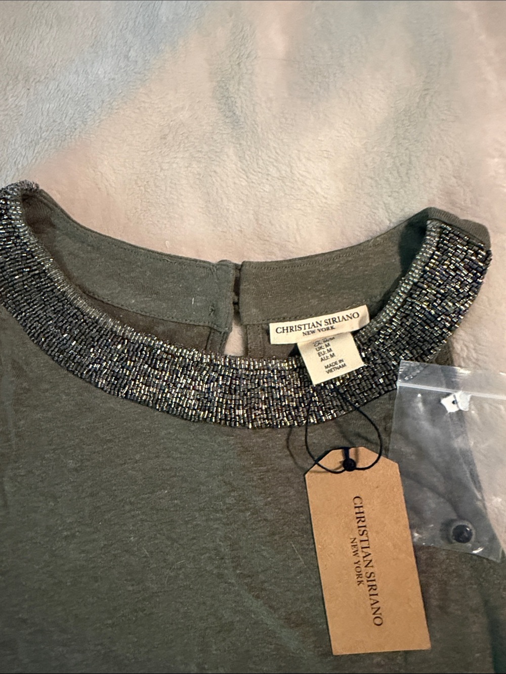 Christian Siriano Olive Green Halter Tank with Beaded Neckline